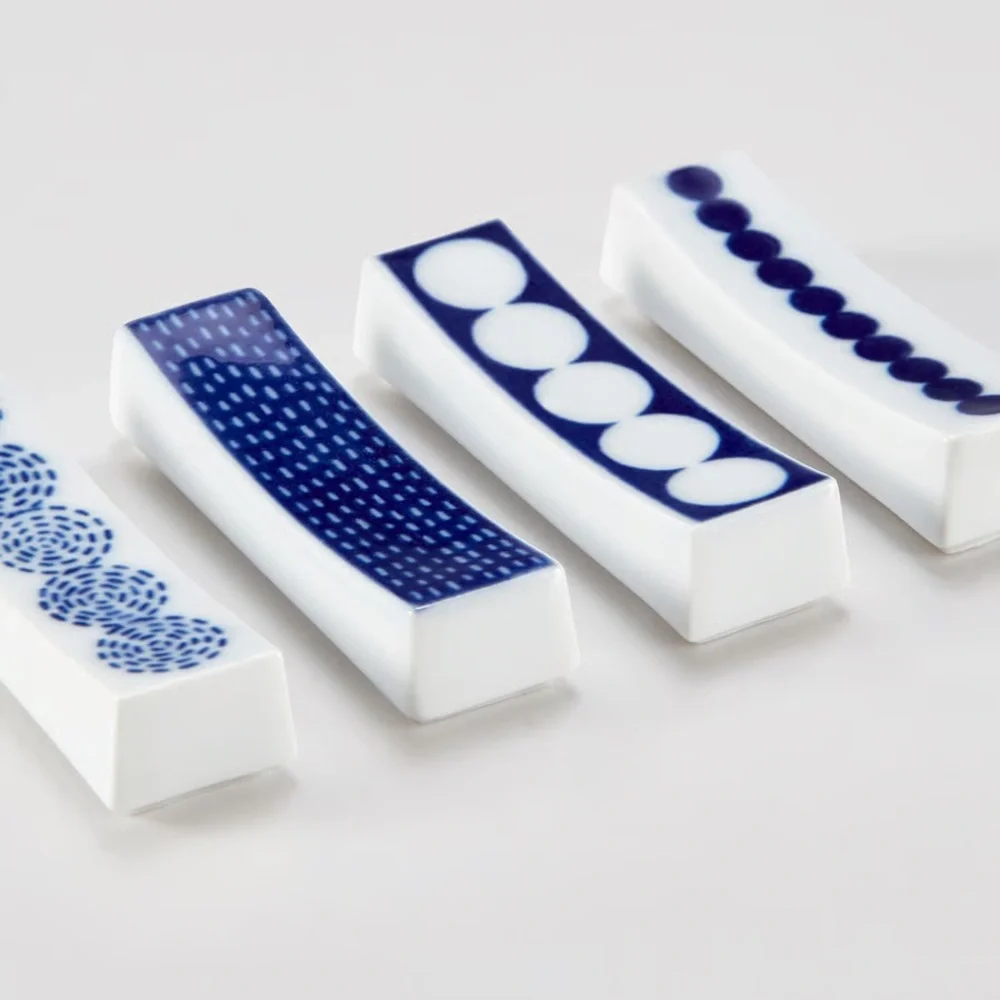 Set of 4 Bamboo Chopsticks with Blue & White Porcelain Holders